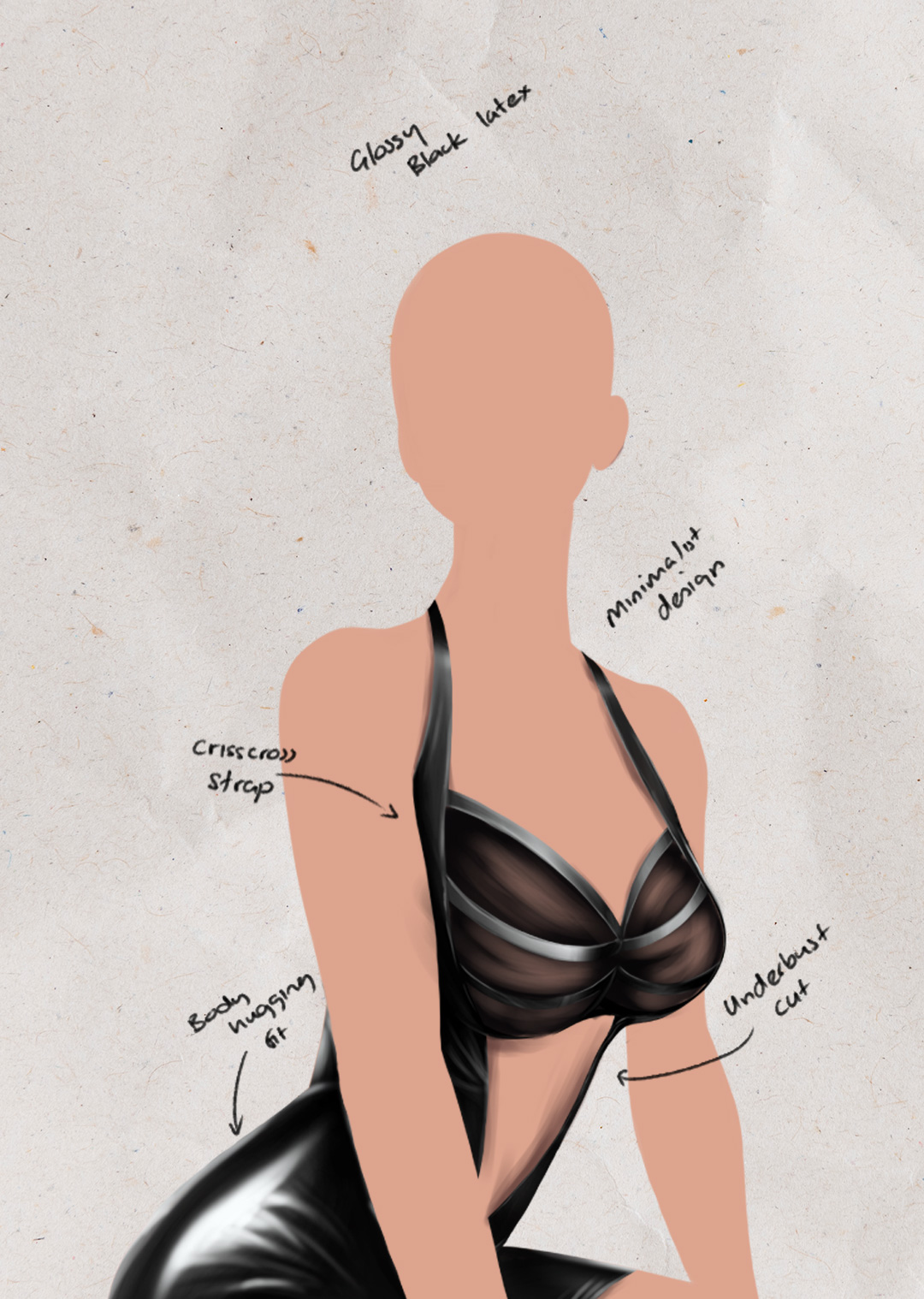 Futuristic costume design featuring shiny latex and metallic fabrics inspired by Raven's assassin style.