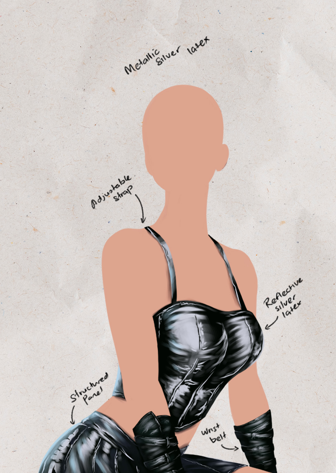 Futuristic costume design featuring shiny latex and metallic fabrics inspired by Raven's assassin style.