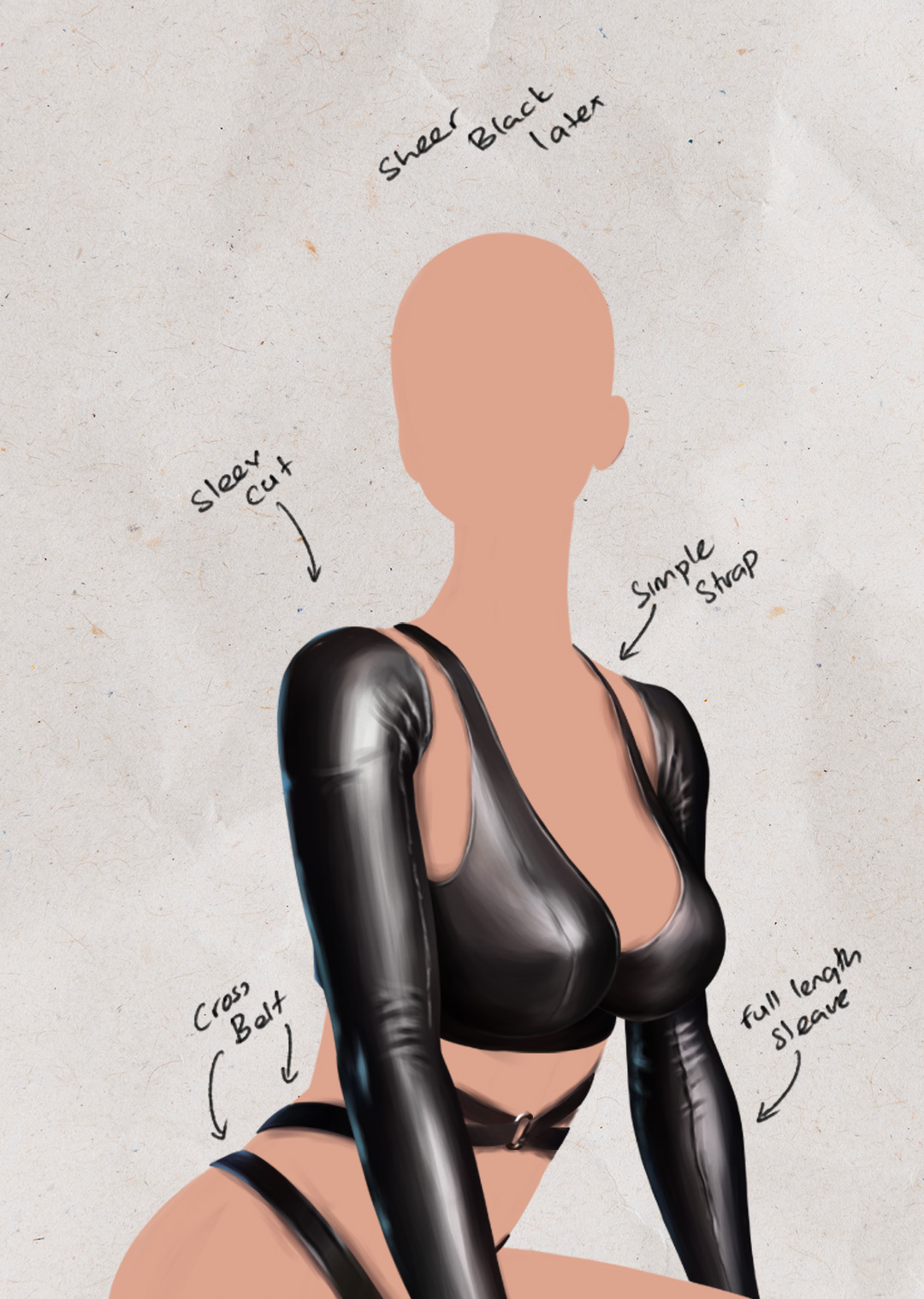 Futuristic costume design featuring shiny latex and metallic fabrics inspired by Raven's assassin style.