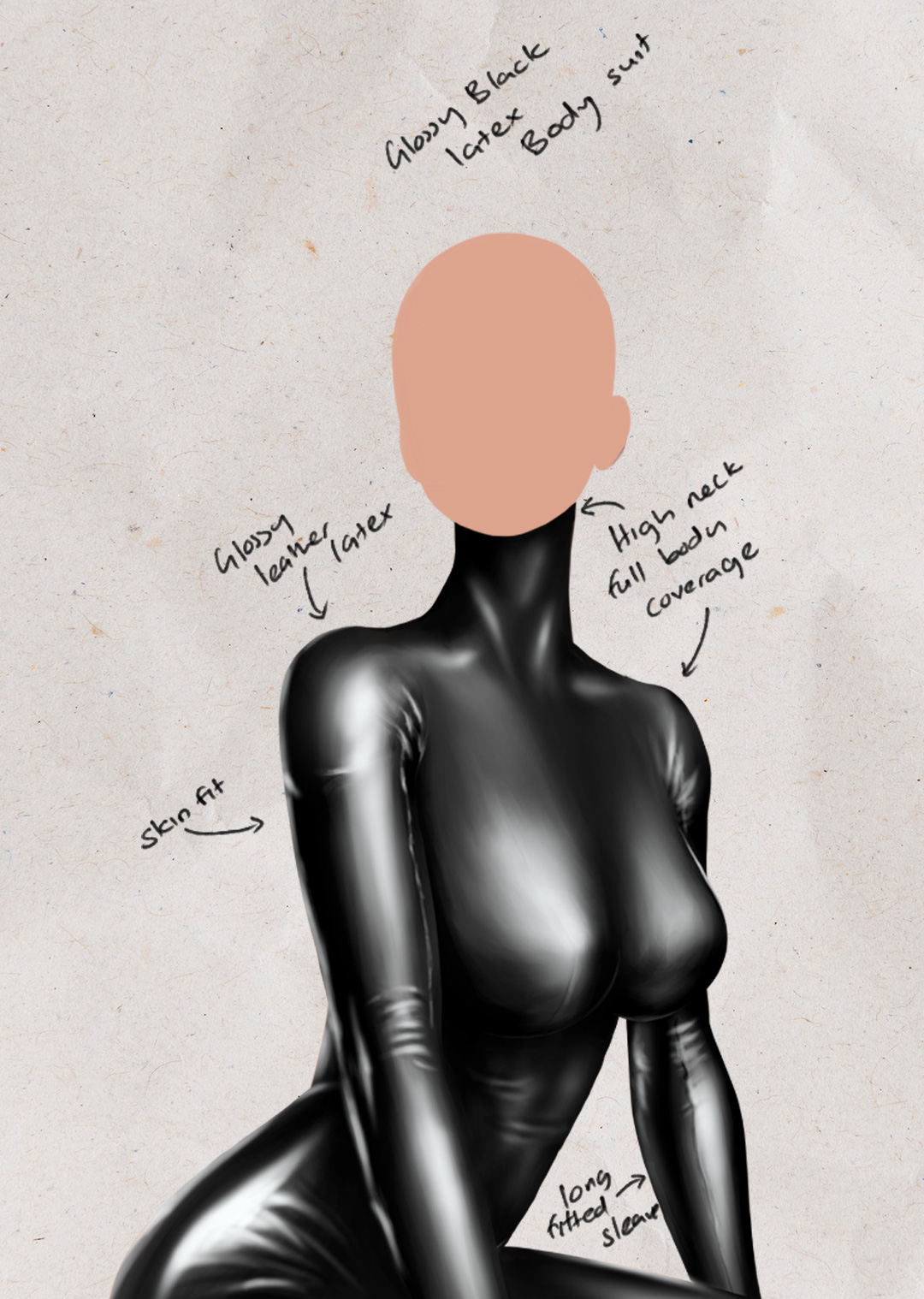 Futuristic costume design featuring shiny latex and metallic fabrics inspired by Raven's assassin style.